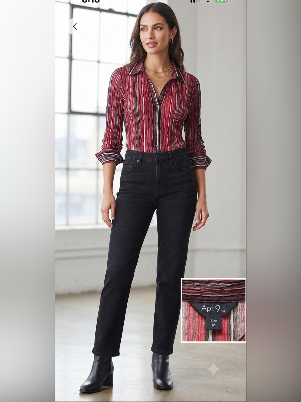 Apt. 9 Red Black Striped Crinkle Long Sleeve Button Up Top Size M